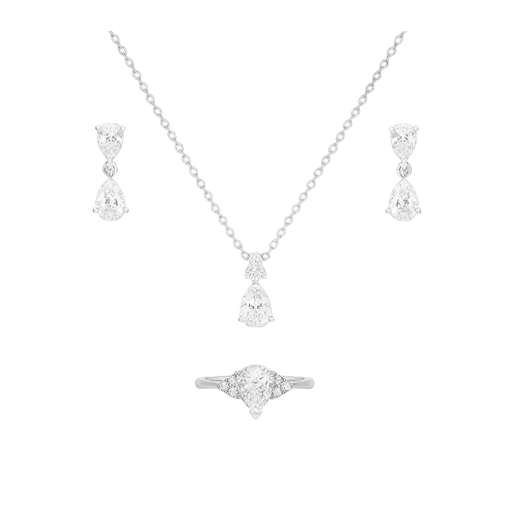 Silver Diamond Jewelry Set – Teardrop Pendant Necklace, Earrings & Ring