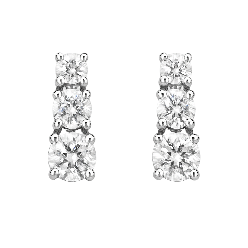Sterling Silver 3-Stone Diamond Drop Earrings – Elegant Round Cut Design