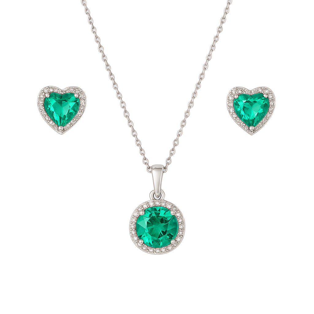 Sterling Silver Green Zircon Jewelry Set – Round Pendant Necklace & Heart Stud Earrings