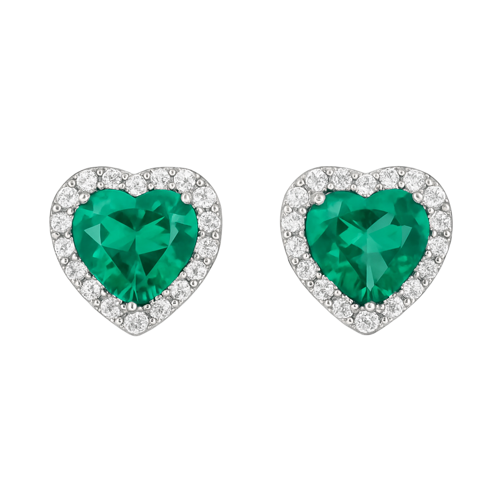 Sterling Silver Green Zircon Heart Stud Earrings – Crystal Halo Design
