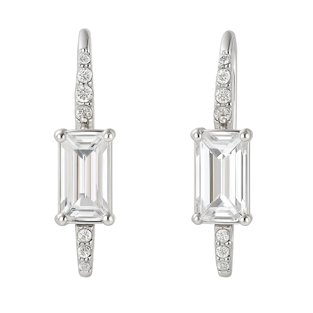 Sterling Silver Emerald Cut Diamond Drop Earrings – Elegant Rectangle Dangle