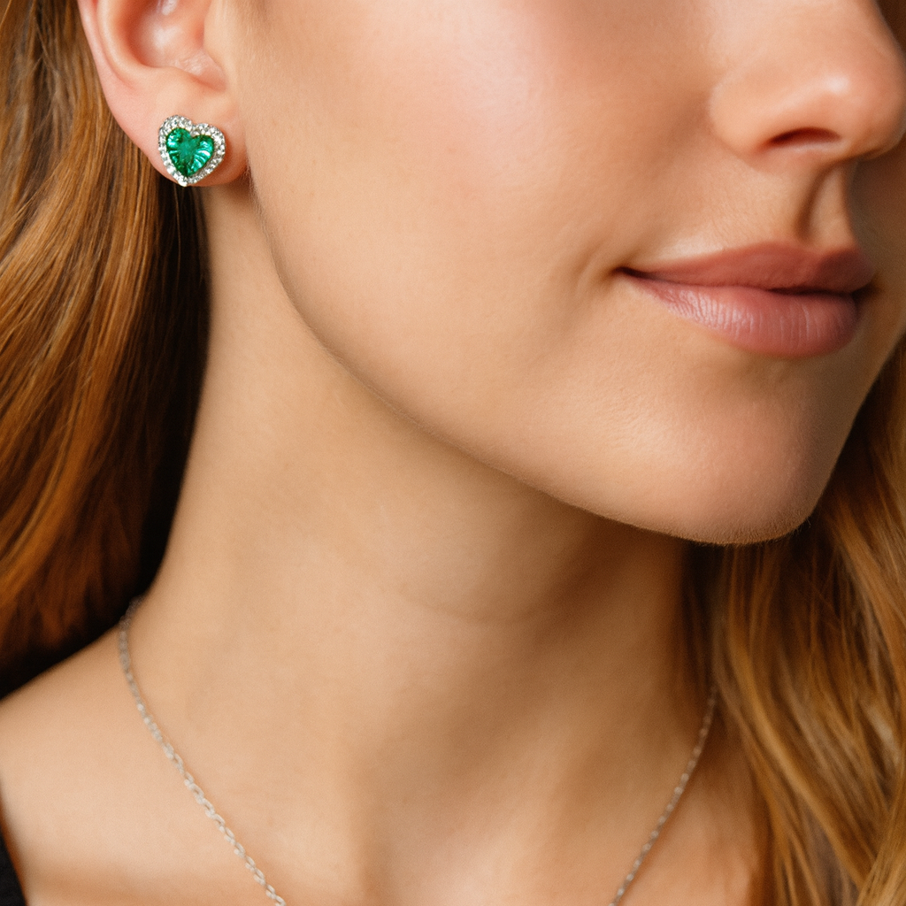 Sterling Silver Green Zircon Heart Stud Earrings – Crystal Halo Design