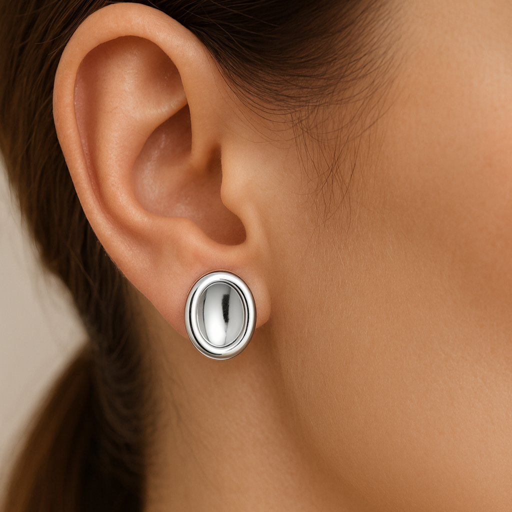 Sterling Silver Oval Stud Earrings – Modern Minimalist Design