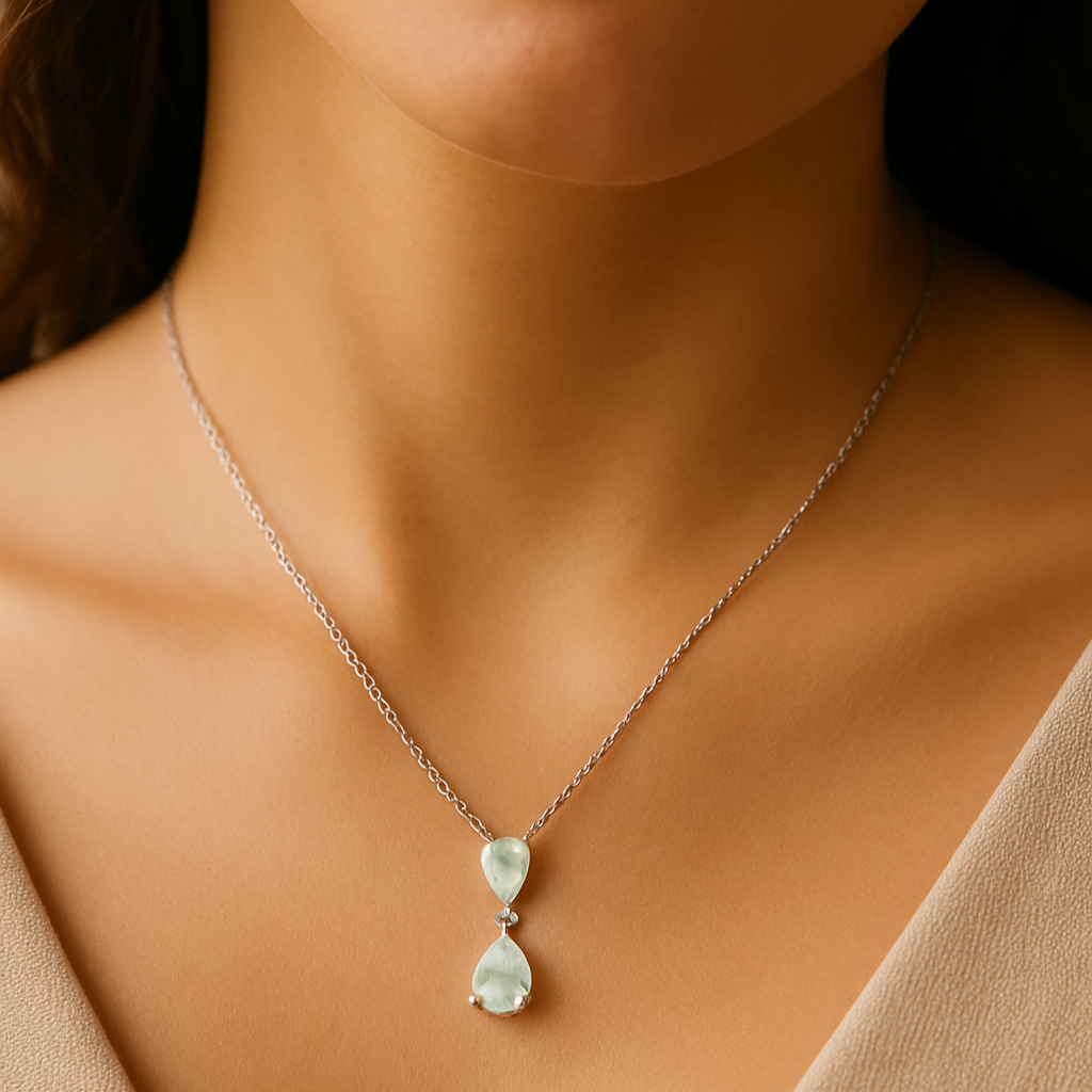 Sterling Silver Aqua Zircon Pendant Necklace – Double Teardrop Design