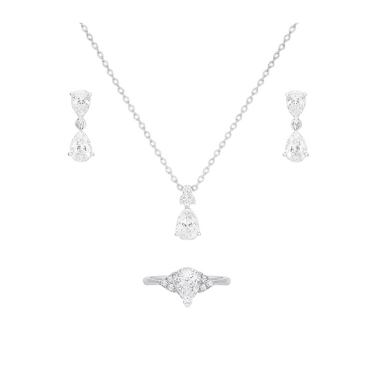Silver Diamond Jewelry Set – Teardrop Pendant Necklace, Earrings & Ring