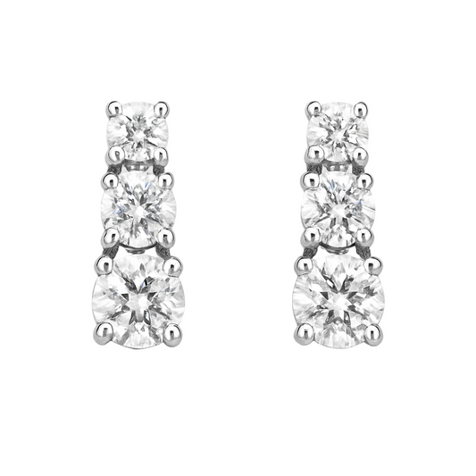 Sterling Silver 3-Stone Diamond Drop Earrings – Elegant Round Cut Design