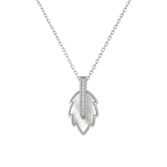 Sterling Silver Leaf Pendant Necklace – Mother of Pearl & Crystal Accents