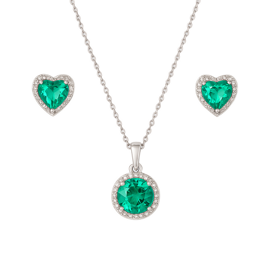 Sterling Silver Green Zircon Jewelry Set – Round Pendant Necklace & Heart Stud Earrings