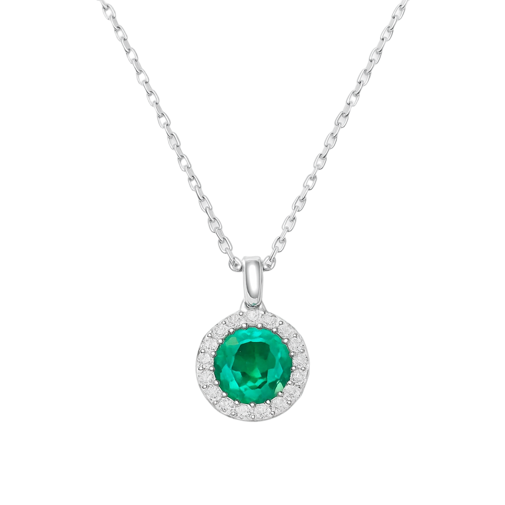 Sterling Silver Green Zircon Pendant Necklace – Round Crystal Halo Design