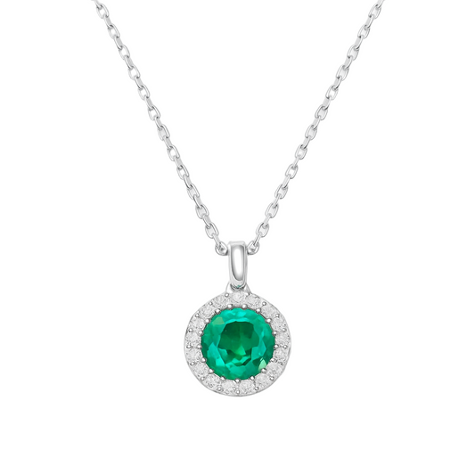 Sterling Silver Green Zircon Pendant Necklace – Round Crystal Halo Design