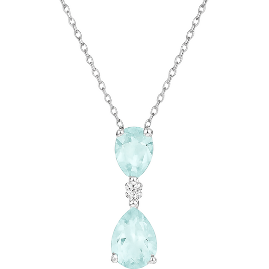 Sterling Silver Aqua Zircon Pendant Necklace – Double Teardrop Design