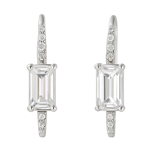Sterling Silver Emerald Cut Diamond Drop Earrings – Elegant Rectangle Dangle