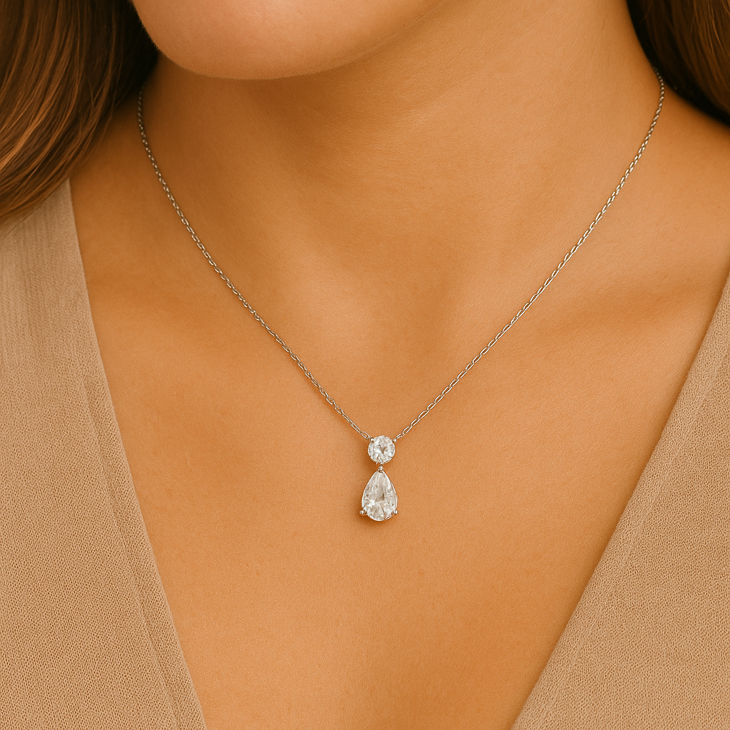 Sterling Silver Diamond Teardrop Pendant Necklace – Round & Pear Cut