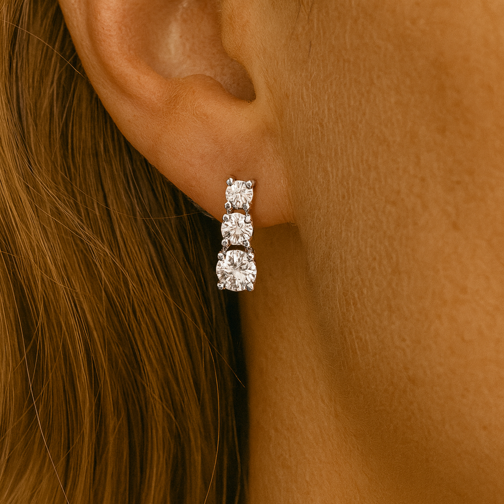 Sterling Silver 3-Stone Diamond Drop Earrings – Elegant Round Cut Design